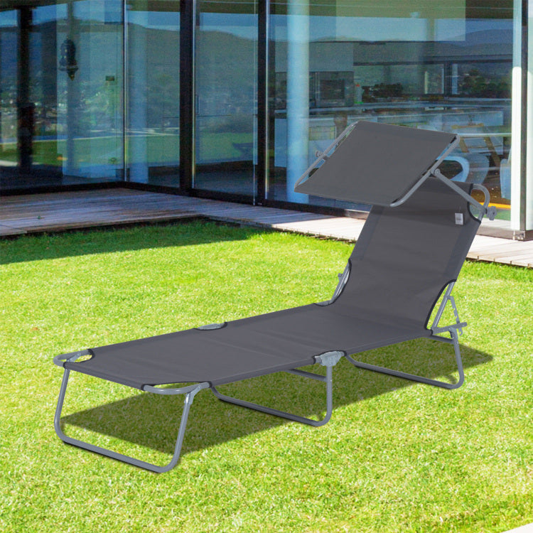Outsunny Outdoor Lounge Chair, Adjustable Folding Chaise Lounge, Tanning Chair With Sun Shade For Beach, Camping, Hiking, Backyard, Gray