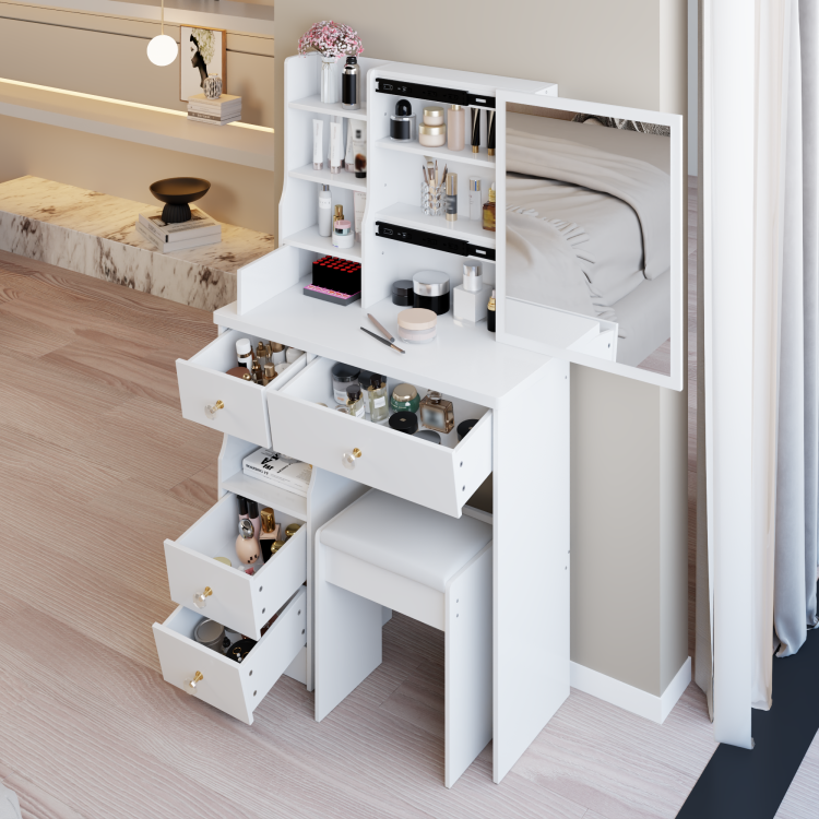 29.2" Small Space Left Drawer Desktop Vanity Table Cushioned Stool, Extra Large Right Sliding Mirror, Multi Layer High Capacity Storage, Practical Fashionable Dresser, Suitable For Small Space