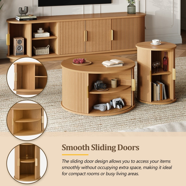 Assembly Video Wooden Tv Stand & Coffee Table Set With Fluted Sliding Door For Tvs Up To 75", Golden Handles Media Console With Cable Hole, Farmhouse Round Center Table For Living Room, Natural