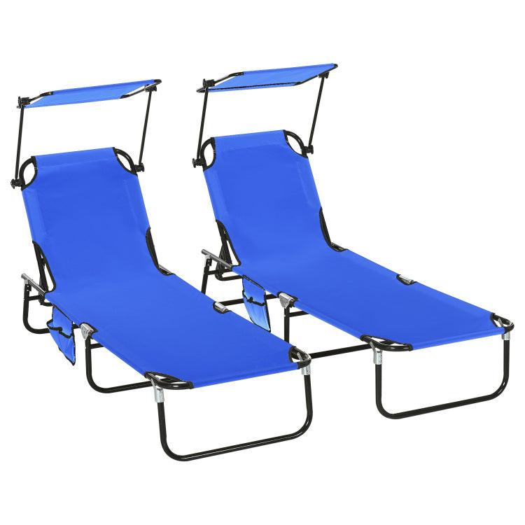 Outsunny Folding Chaise Lounge Pool Chairs, Outdoor Sun Tanning Chairs With Canopy Shade, Reclining Back, Steel Frame And Side Pocket For Beach, Yard, Patio, Blue