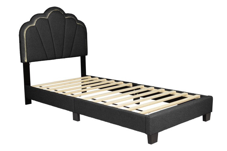 Luxurious Style Twin Size Bed Charcoal Wool Fabric Floral Design Headboard W Led Fully Upholstered Platform Bedroom Furniture