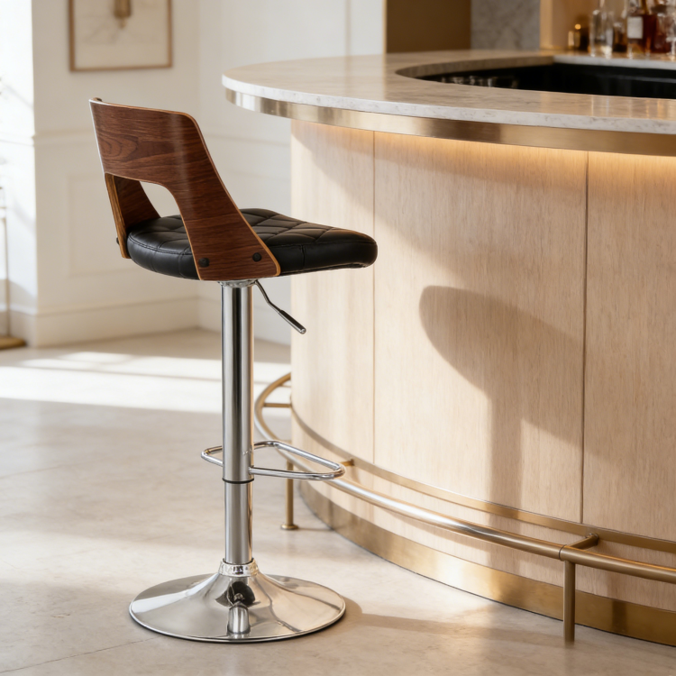Bentwood Contemporary Modern Stylish Wood Back Adjustable Swivel Bar Stool With Diamond Quilted Finish Curved Seat And Back