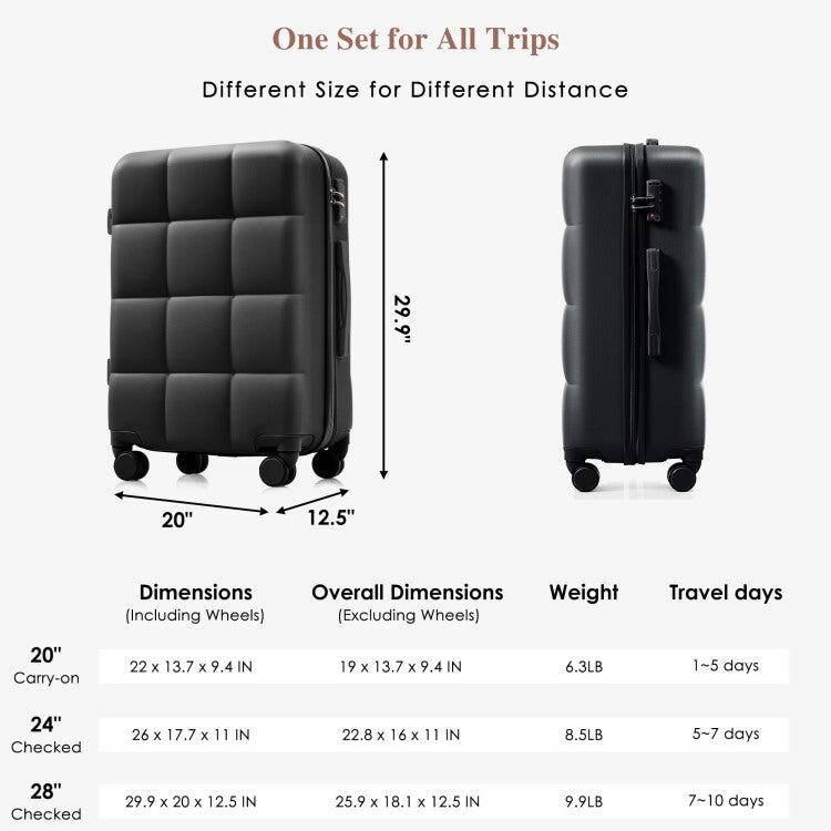 Luggage Set Of 3, Airline Certified Carry On Luggage With Cup Holder, Abs Hard Shell Luggage With Spinner Wheels, Black