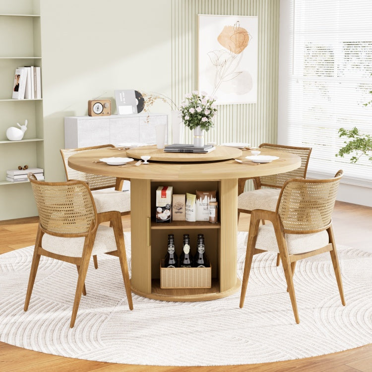 55 Inch Round Dining Table For Six, Featuring A Double Tiered Storage Rack And A Rotating Tabletop Tray. Wooden Wavy Striped Sliding Doors. Ideal For Home Dining Room Living Room Natural