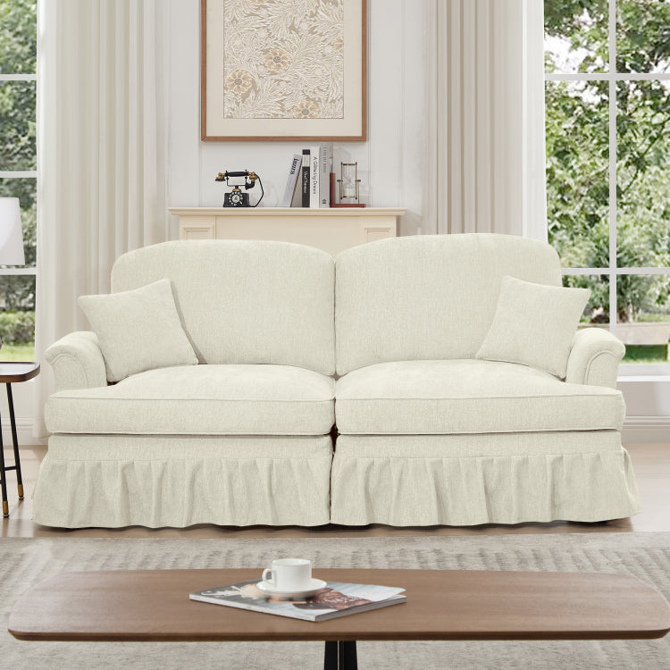 Elegant Mid Century Oversized Large Two Seater Sofa Couch With Flared Arms And Removable Ruffles Pleats Skirts And Spindle Legs, Comfy Chenille Two Seat Love Seat Sofa For Living Room, Beige White