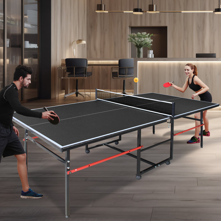 8Ft Black Mid Size Table Tennis Table Foldable & Portable Ping Pong Table Set For Indoor Games With Net, 2 Table Tennis Paddles And 3 Balls