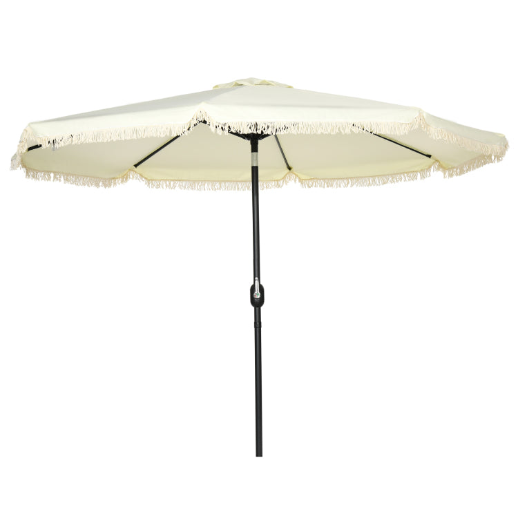 Outsunny 9Ft Patio Umbrella With Push Button Tilt And Crank, Ruffled Outdoor Market Table Umbrella With Tassles And 8 Ribs, For Garden, Deck, Pool, Cream White