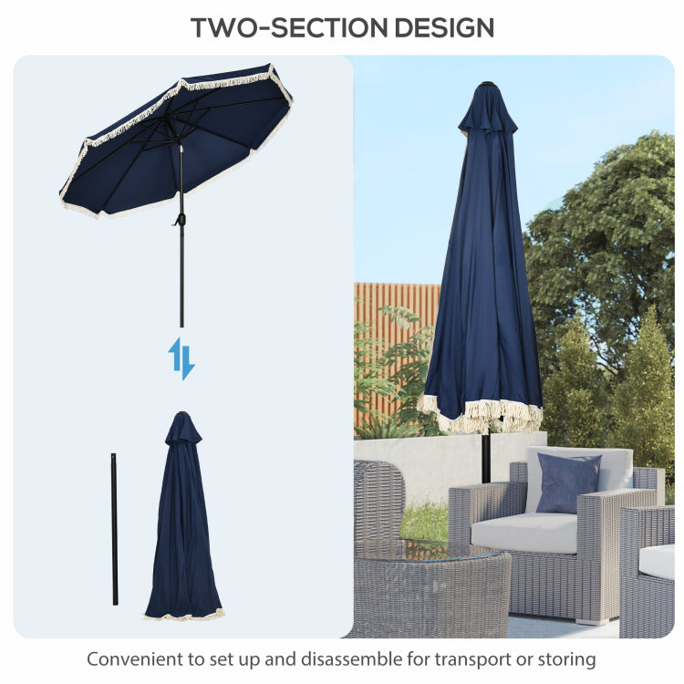 Outsunny 9Ft Patio Umbrella With Push Button Tilt And Crank, Ruffled Outdoor Market Table Umbrella With Tassles And 8 Ribs, For Garden, Deck, Pool, Dark Blue