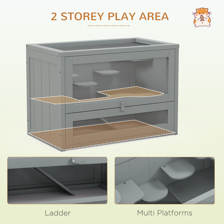 Pawhut 2 Level Hamster Cage Mice And Rat House, Small Animal Habitat For Guinea Pigs, Chinchillas With Openable Top, Front Door, Shelf And Ladder, Gray