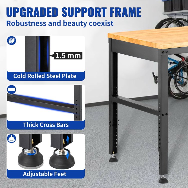 Workbench Adjustable Height, 48" L X 20" W X 38.1" H Garage Table W 28.3" 38.1" Heights & 2000 Lbs Load Capacity, With Power Outlets & Hardwood Top & Metal Frame & Foot Pads, For Office Home