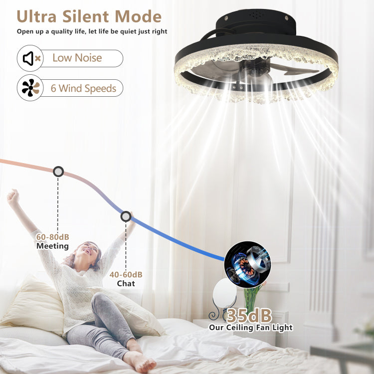 16" Decorative Led Light Modern Flush Mount With Crystal Inspired Acrylic Ring, Hidden Blades, Remote Control, And Dimmable Light For Stylish Homes Black