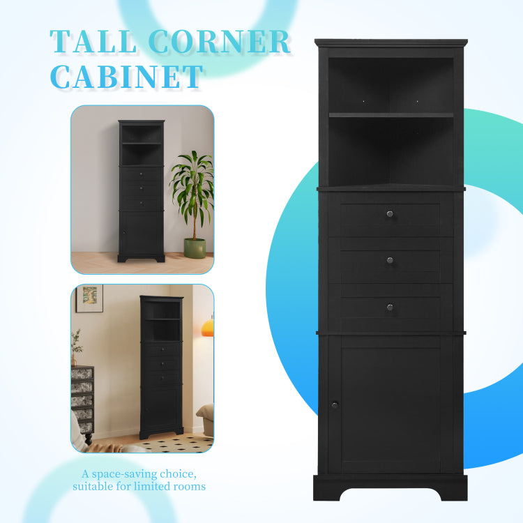 Black Triangle Tall Cabinet With 3 Drawers And Adjustable Shelves For Bathroom, Kitchen Or Living Room, Mdf Board With Painted Finish Wf306469Aag Color