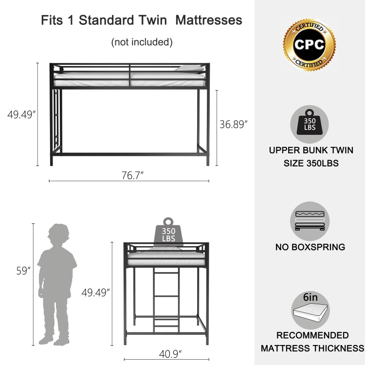 Adam Sturdy Junior Twin Loft Bed Black For Kids, Space Saving, Loft Bed With Easy Climbing Ladder And Guardrails, Loft Bed Frame For Bedroom