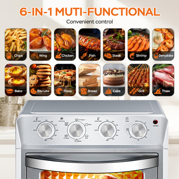 Plum Chef Air Fryer Oven 27.5Qt, 6 In 1 Countertop Oven, Air Fry, Bake, Broil, Toast, Warm, Dehydrate, 4 Knob Control, 1600W, Family Size, Silver