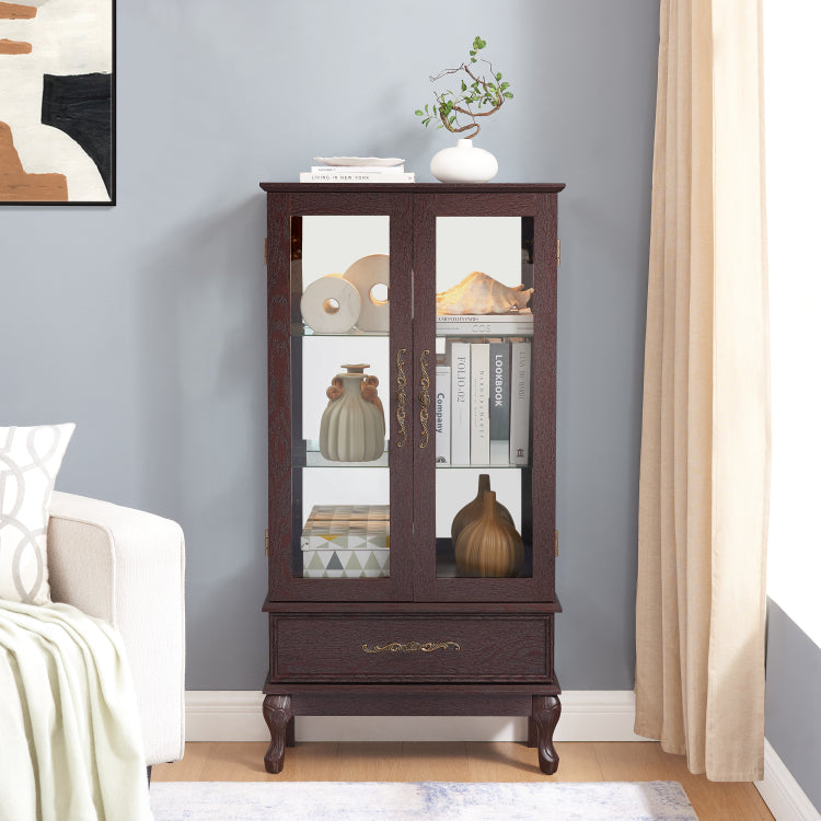 Curio Cabinet Lighted Glass Cabinet Glass Wine Cabinet Curio Display Cabinet With Adjustable Glass Shelves 2 Doors And 1 Drawer Cabinet Sideboard With Bulb Included Dark Cherry