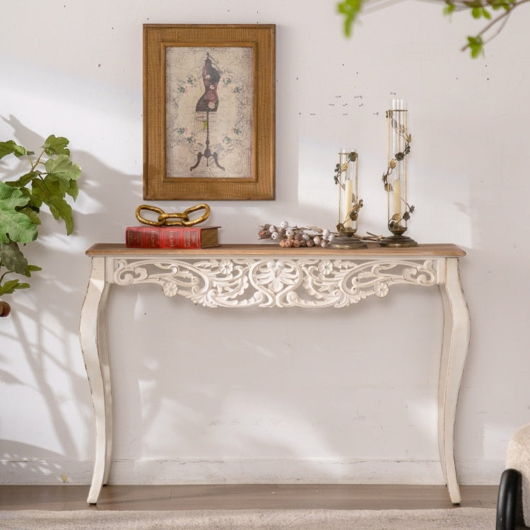 43.31" French Country Carved Console Table Antique White Distressed Solid Wood & Mdf Entry Table With Curved Legs For Hallway Living Room