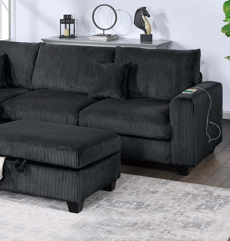 Modern Style 3Pc Sectional Set Usb Port Storage Ottoman Right Arm Chaise Left Arm Sofa Black Finish Primary Living Room