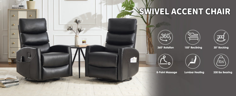 Heat Massage Manual Recliner Chair With Rocker And Swivel In Fabric For Living Room, Black