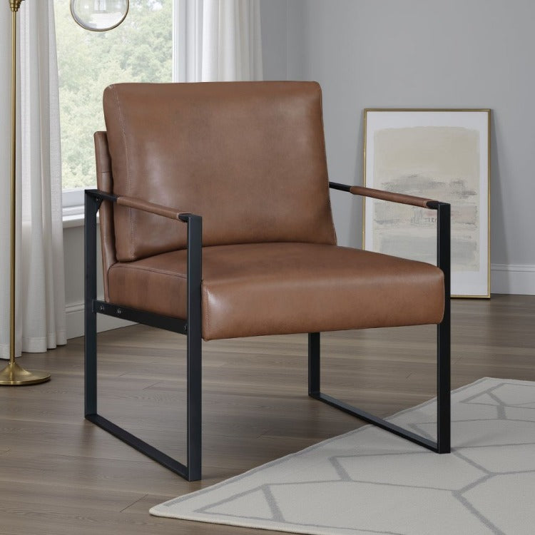 Mackie Accent Armchair, Dark Brown Faux Leather, Black Metal Frame