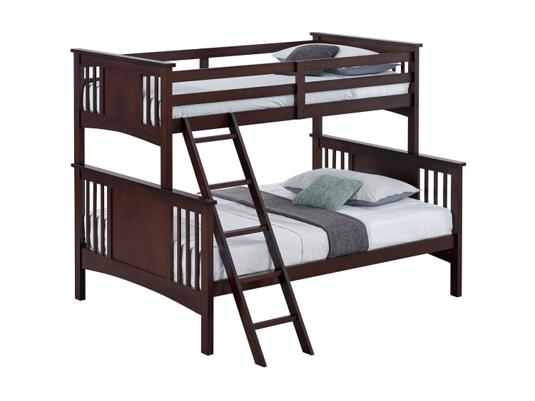 Modern Transitional Style Twin Over Full Bunk Bed With Ladder And Dark Walnut Finish