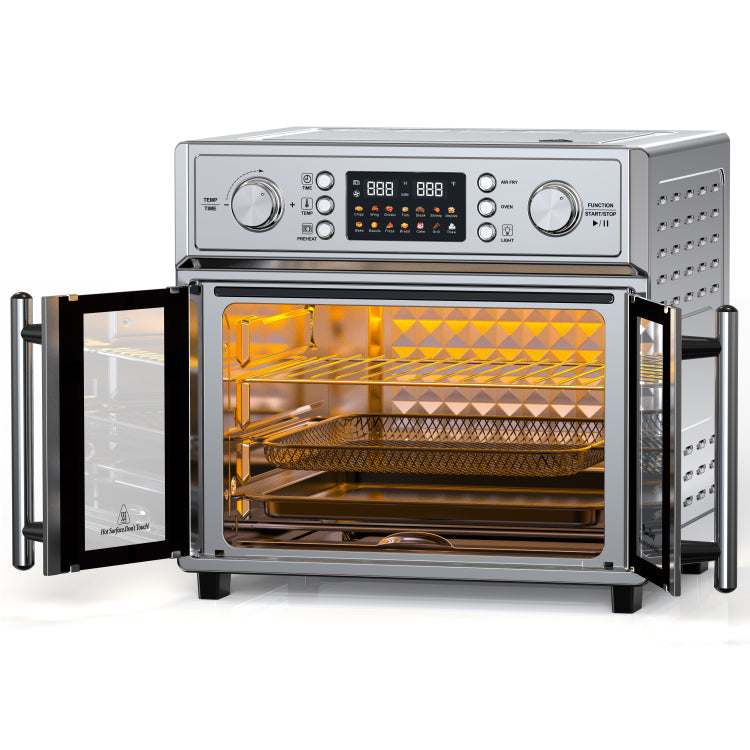 Plumchef 26Qt Large Capacity French Double Door Air Fryer Convection Toaster Oven, 1700W, 14 Preset Menus, 7 In 1 Multi Function Bake, Roast, Gril,Toast,Dehydrate&Defrost , Stainless Steel,Silvery