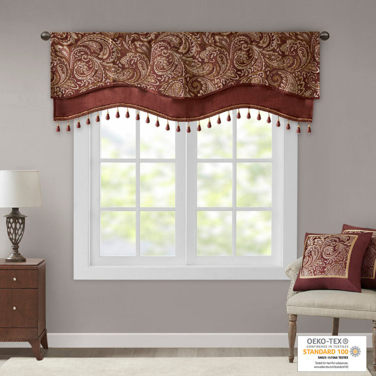 Jacquard Window Rod Pocket Valance With Beads Burgundy 50X18"