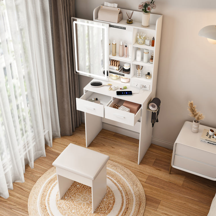 Small Makeup Vanity Desk With Mirror & Adjustable Led Lights,Built In Power Outlet & Hidden Storage, Includes Padded Stool & Shelf,Space Saving Dressing Table For Small Bedrooms,White