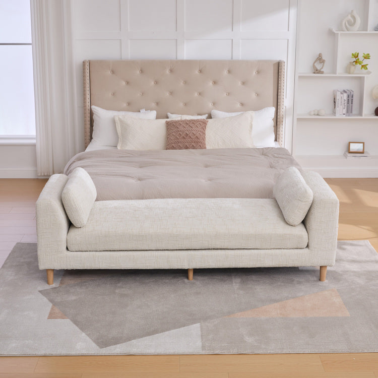 83.1"Wide Modern Upholstered End Of Bed Bench With Armrests, Chenille Chaise Lounge Couch With 2 Bolster Pillows, Daybed With Rubberwood Legs For Living Room,Bedroom,Apartment,Guestroom, Beige