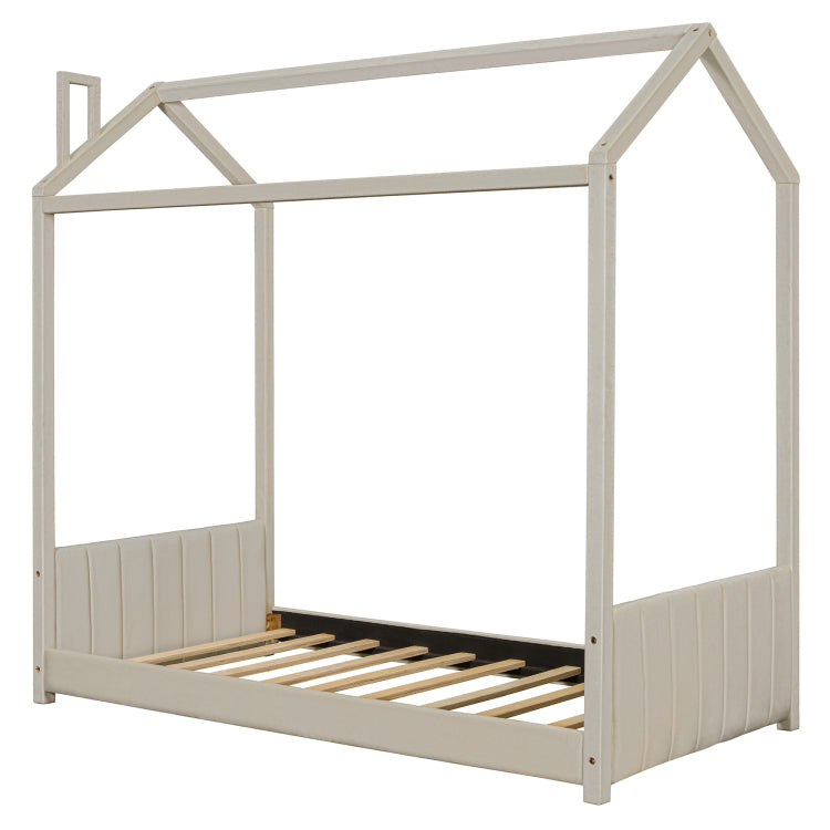 Twin Size Velvet House Bed Wood Bed, Beige Old Sku: Lp000125Aaa