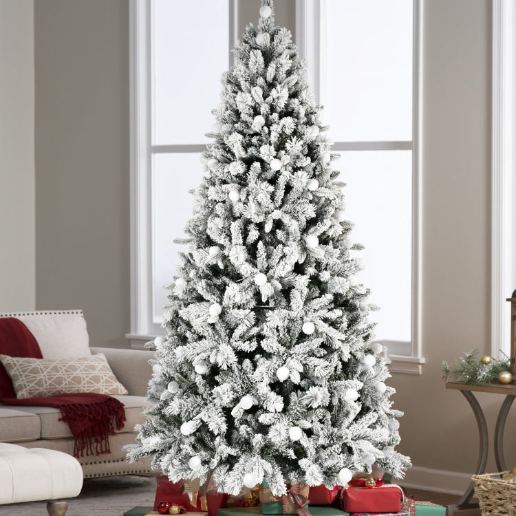 7.5Ft Flocked Christmas Tree With 400L Colorful Led Lights With G45 Ball, Realistic Pe Pvc Hard Needle Hinged Tree With Memory Wire, 10 Lighting Modes, Foot Switch & Stable Metal Stand