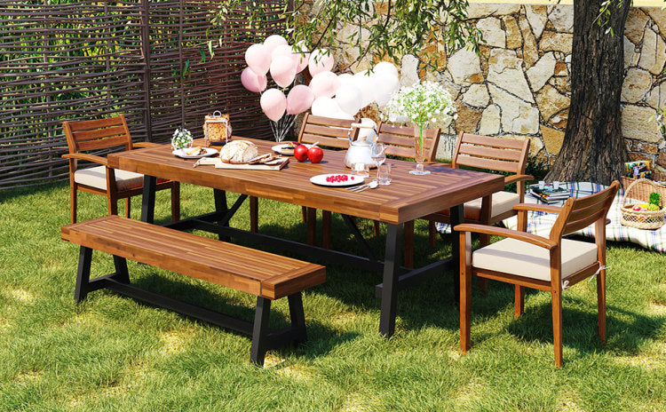 Outdoor Wood Dining Set For 7 8 Person, Outdoor Dining Furniture With Removable Cushions, Ernomic Chairs And Bench, Thicker Table, Nature
