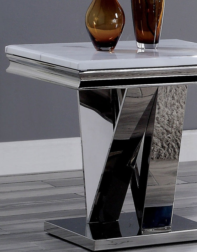 1Pc End Table Modern Glam Style 18Mm Faux Marble On Top Rectangular V Shape Pedestal Base Stainless Steel Metal Structure Chroma Finish Coffee Table Not Included