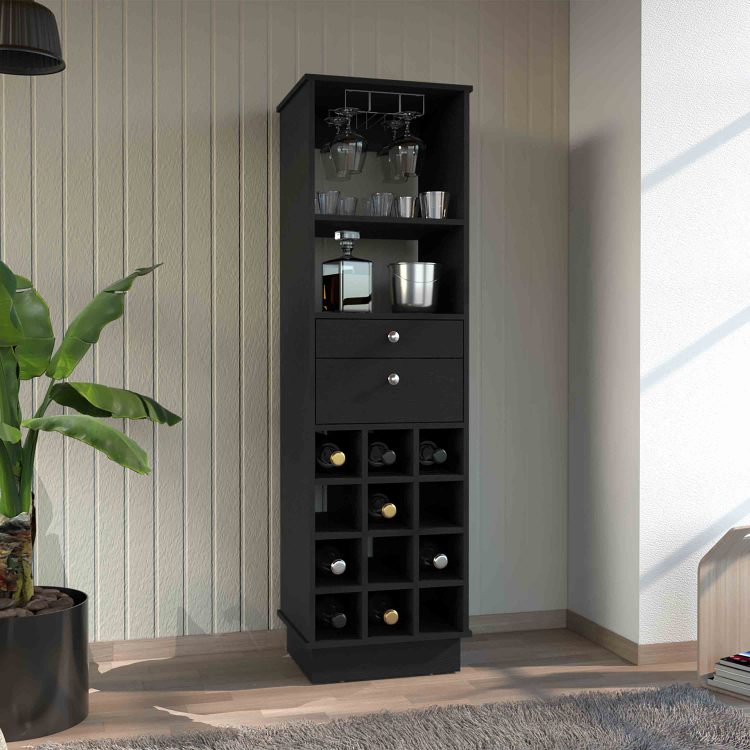 Classic Bar Cabinet, Two Drawers, Twelve Built In Wine Rack Black