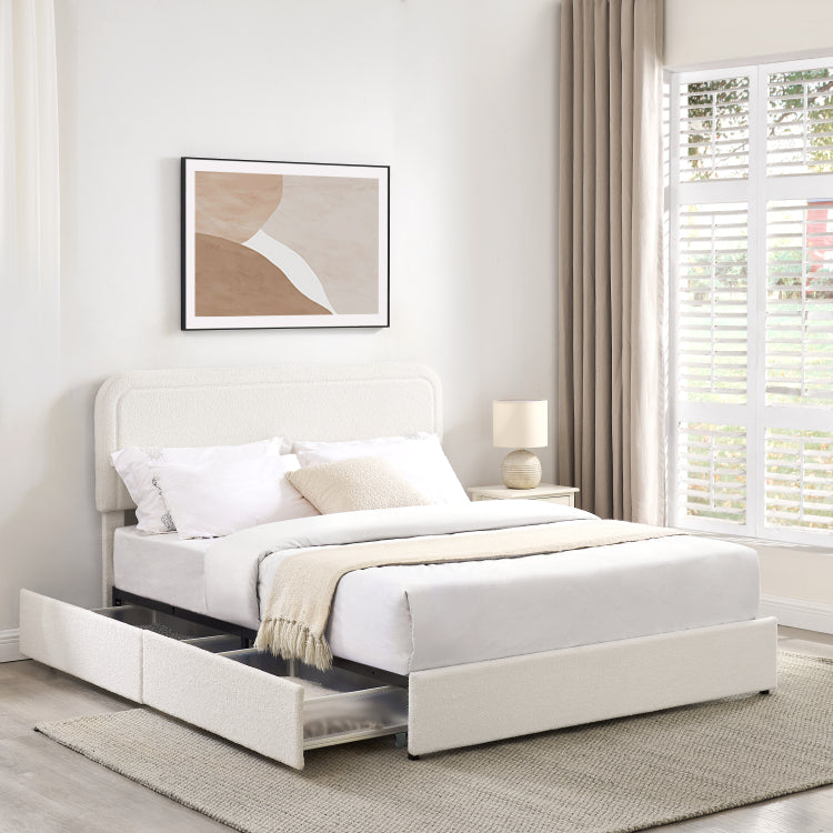 Liv Queen Size Ivory Boucle Upholstered Platform Bed With Patented 4 Drawers Storage, Curved Stitched Tufted Headboard, Wooden Slat Mattress Support, No Box Spring Needed