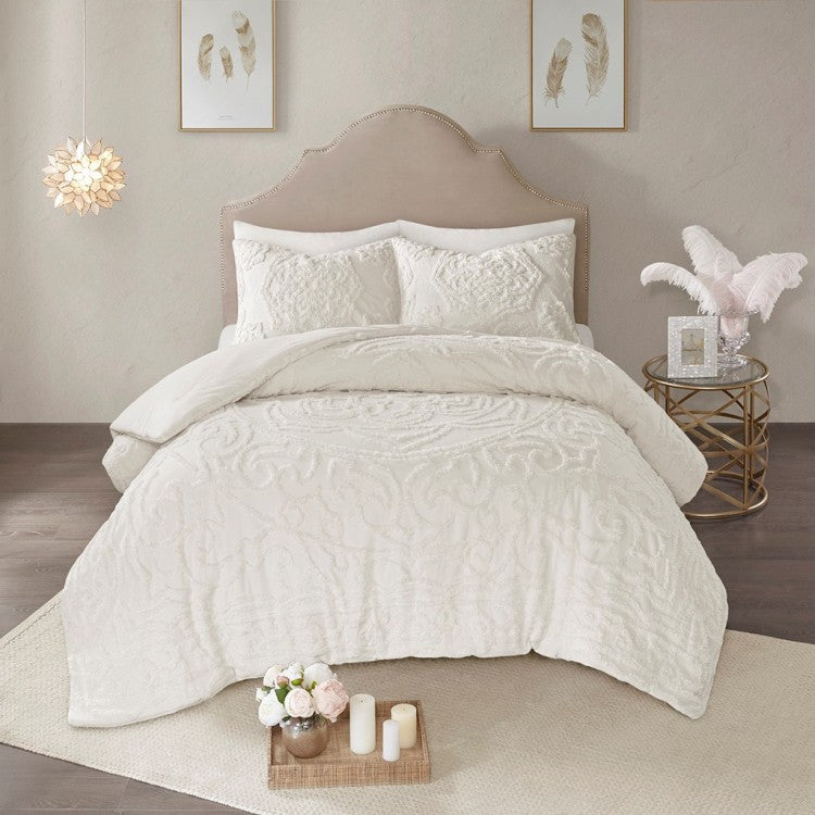 3 Piece Tufted Cotton Chenille Medallion Comforter Set Off White Full Queen