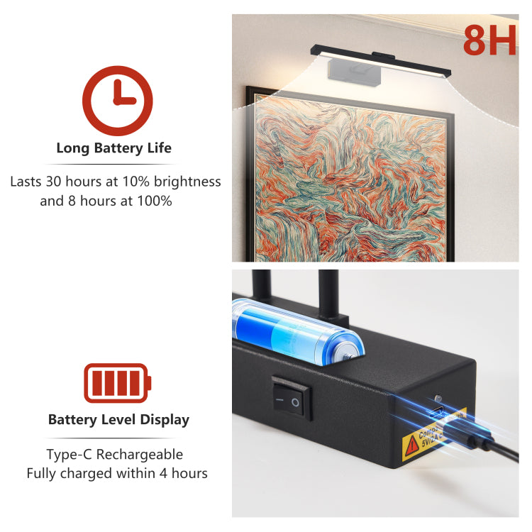 Picture Light Battery Operated With Remote, Led Black Art Lights For Paintings Rechargeable Dimmable And Timer, 16In Wall Sconce For Art Painting Gallery Adjustable Swing Arm For Display