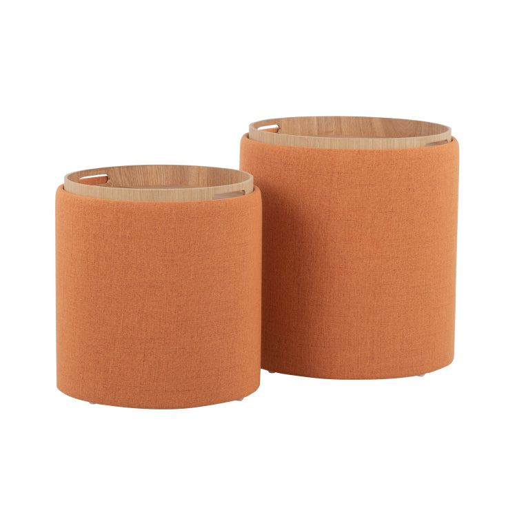Contemporary Nesting Ottoman Set In Orange Fabric And Natural Wood