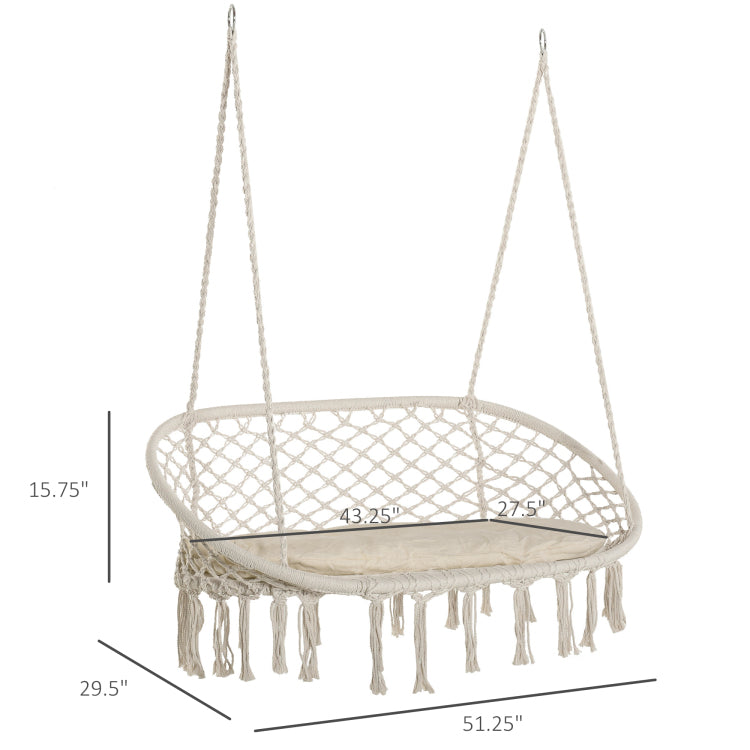 Outsunny 2 Person Hammock Chair Macrame Swing With Soft Cushion, Hanging Cotton Rope Chair For Indoor Outdoor Home Patio Backyard, White
