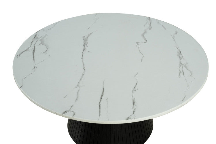Contemporary Style Round Cocktail Table Faux Marble Top Reeded Drum Base Black Finish Primary Living Room