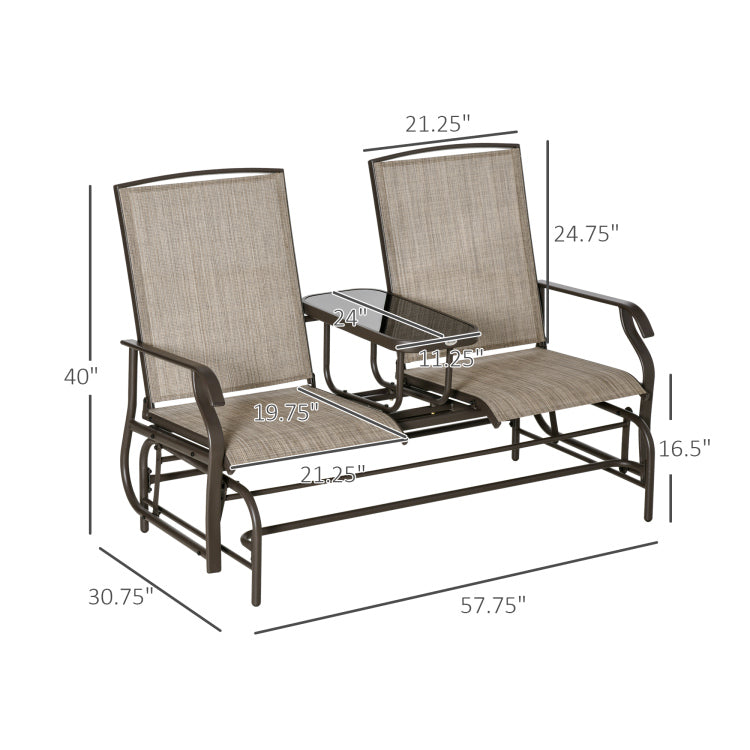 Outsunny Outdoor Glider Bench With Center Table, Metal Frame Patio Loveseat With Mesh Fabric And Armrests For Backyard Garden Porch, Brown