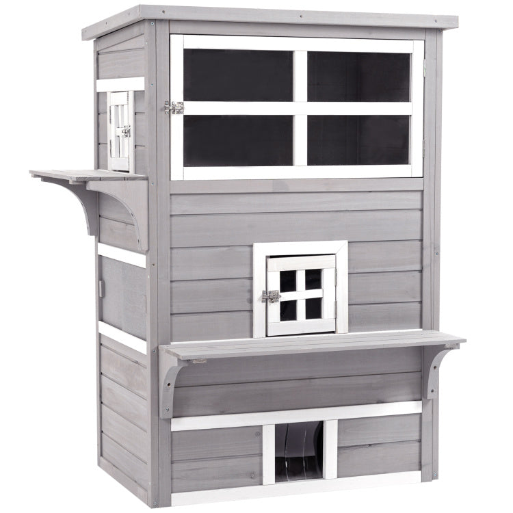 Pawhut 3 Story Cat House Feral Cat Shelter, Outdoor Kitten Condo With Raised Floor, Asphalt Roof, Escape Doors, Jumping Platforms, Grey