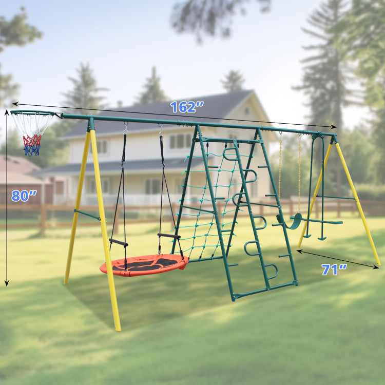6 In 1 Swing Set With Climbing Frame, Climbing Net, Glider, Hammock Swing, Belt Swing, Basketball Rim For Backyard