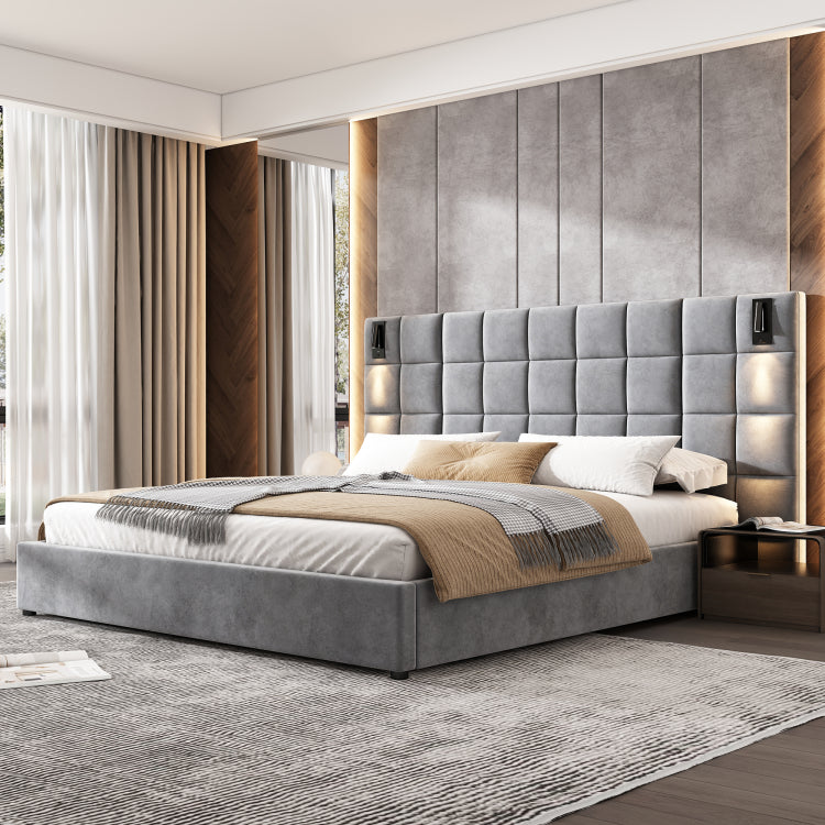 California King Size Upholstered Bed Frame,With Wall Sconce And Usb Port, Wide Headboard, Velvet, Gray