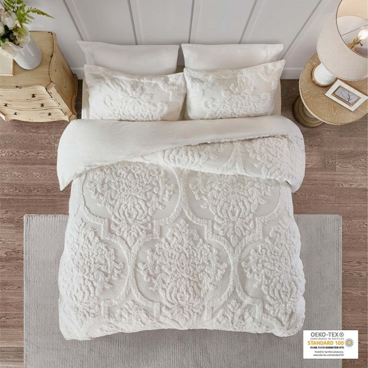 Full Queen 3 Piece Tufted Cotton Chenille Damask Duvet Cover Set