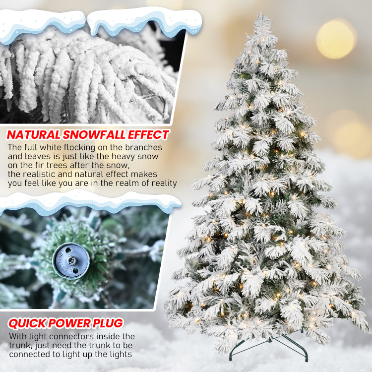 5Ft Flocked Scarecrow Shaped Christmas Tree With 200 Warm White Led Lights, 375 Pvc Memory Wire Tips,Power Pole & Hinged Structure Realistic Snowy Holiday Tree