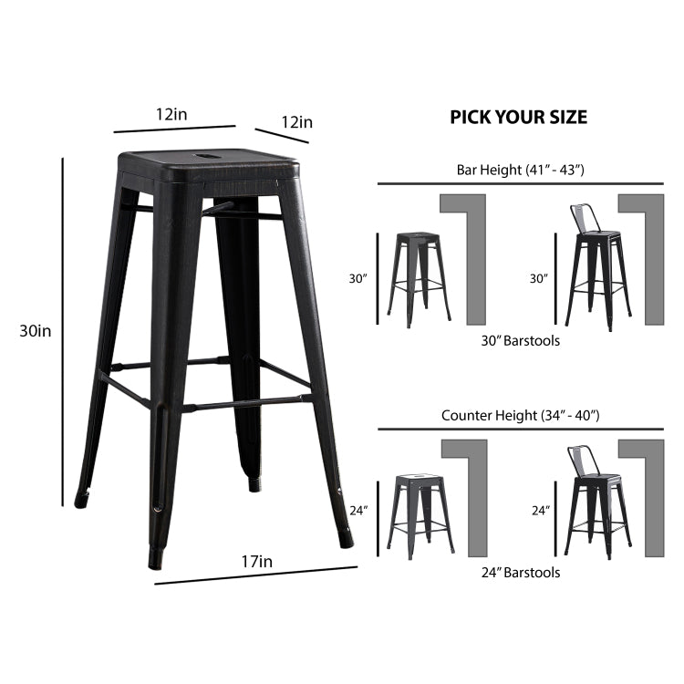 Backless Modern Light Weight Industrial Contemporary Rustic Vintage Costal Metal Bar Stools Without Back And 4 Leg Design Set Of 2 30" Seat, Distressed Black