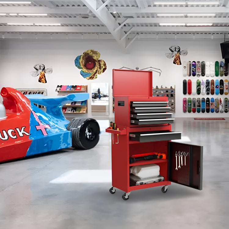 Tool Chest, 5 Drawer Rolling Tool Storage Cabinet With Detachable Top Tool Box, Liner, Universal Lockable Wheels, Adjustable Shelf, Locking Mechanism, Metal Tool Cart For Garage Workshop