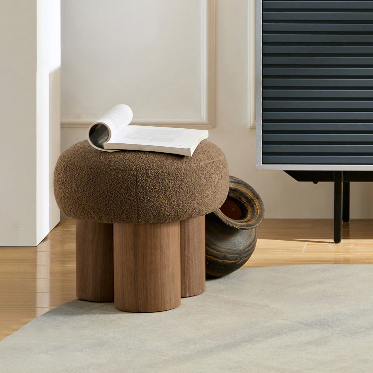 W8017 1 Mushroom Stool, Brown Lamb Wool Seat, Barrel Pvc Pipe With Walnut Veneer