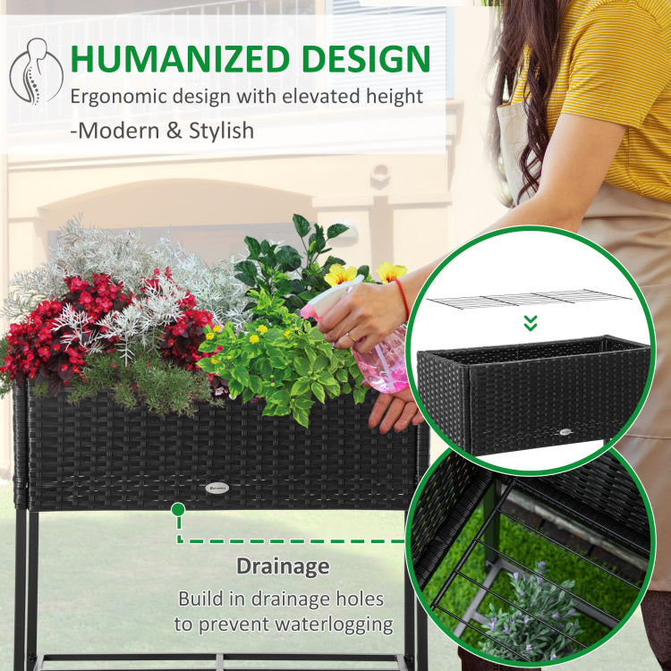 Outsunny Raised Garden Bed, Elevated Planter Box With Rattan Wicker Look, Tool Storage Shelf, Portable Design For Herbs, Vegetables, Flowers, Black