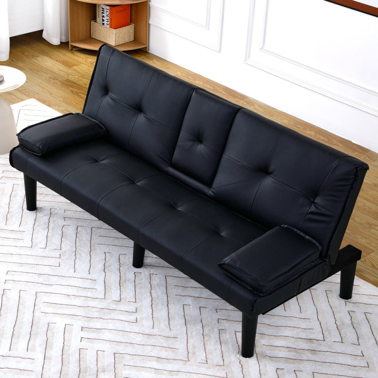 The 67 Inch Black Pvc Multi Functional Sofa Bed With A Foldable And Cup Holder Design Makes It Extremely Convenient To Turn The Living Room Into A Guest Room